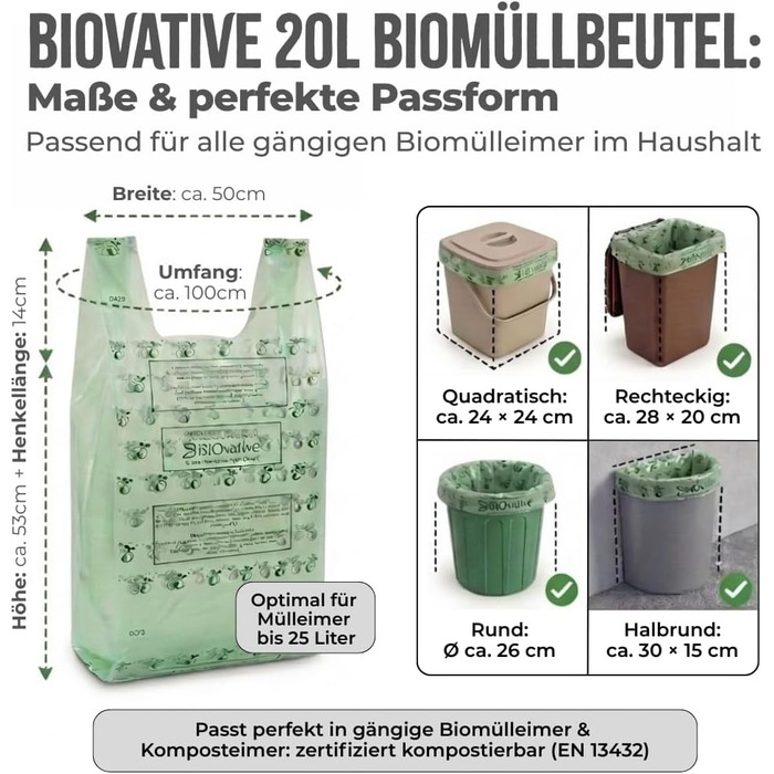 Літрові компостовані пакети для сміття з ручками 56 пакетів, компостовані, зроблені в Німеччині Міцні, кліматично нейтральні та веганські компостовані пакети для сміття, 20 л з ручкою для перенесення - 56 пакетів, 20-