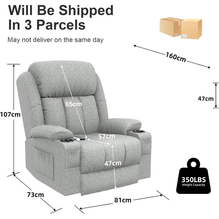 Електричне крісло-реклайнер/масажне крісло для телевізора з функцією відкидання спинки, підйомником, функцією масажу, підігрівом, підставкою для ніг, підстаканником, 4 бічними кишенями, портами типу C та USB, шкіряне крісло, сірий колір