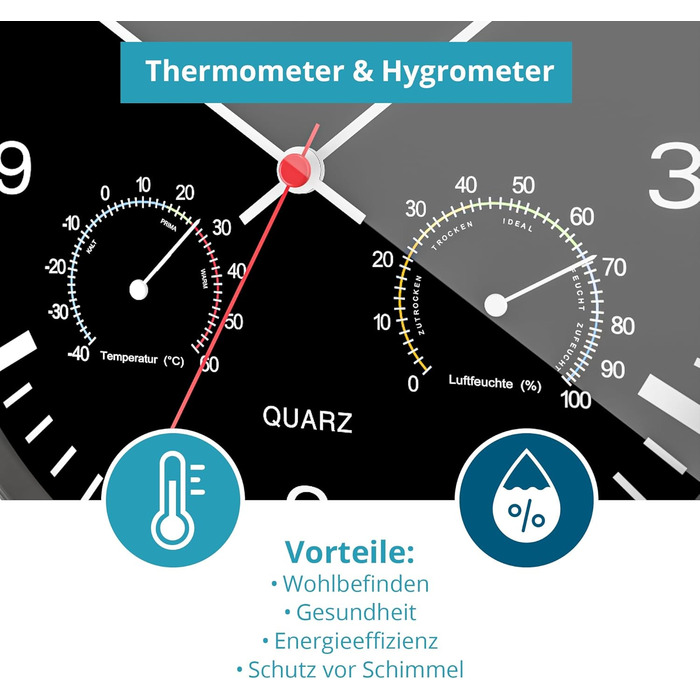 Кварцовий настінний годинник Mebus з термометром і гігрометром / срібна рамка / чорний циферблат / діаметр 25 см / круглий / модел