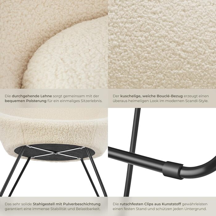 Кругле коктейльне крісло tectake з букле, крісло Тіффані, крісло для читання, безперервна спинка, крісло для вітальні, скандинавське крісло для годування, крісло-реклайнер, крісло для відпочинку - Boucl Off-White