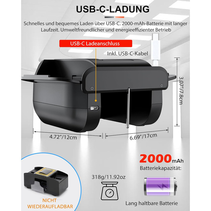 Автоматичний мішальник карт, електричний, з USB-C підзарядкою 2000mAh для 1-2 колод Тихий режим, автоматичний/ручний вибір Сумісний з Phase 10, Покером, UNO, Блекджеком, колір - чорний