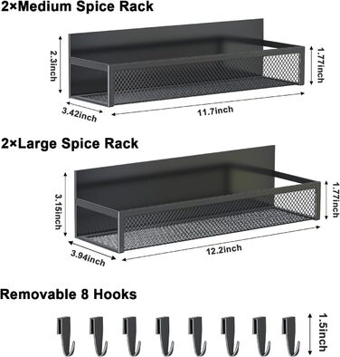 Магнітна полиця для спецій для холодильника, магнітна полиця на 4 шт., магнітний органайзер для холодильника з 8 рухомими гачками, магнітна полиця для холодильника для організації та зберігання на кухні (4 шт.)