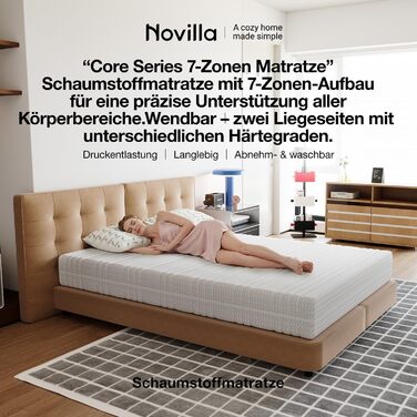 Матрац Novilla 140x200 см з холодної піни, рівень жорсткості H3/H4, 7-зонний комфортний матрац з піни, дихаючий комфортний згортаючий матрац зі знімним тканинним чохлом, сертифікований Oeko-TEX, висота 18 см, 18 см, 140 x 200 см