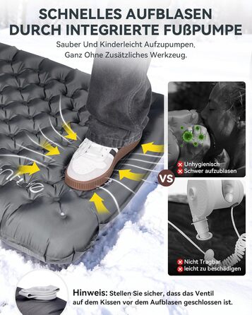 Килимок для кемпінгу HIKENTURE, R-значення 7.3, з ножним насосом, надтовстий килимок для сну 10 см, 210x64 см, теплий килимок для сну/надувний матрац, невеликий розмір у упаковці, 4 сезони для активного відпочинку, походів, наметів