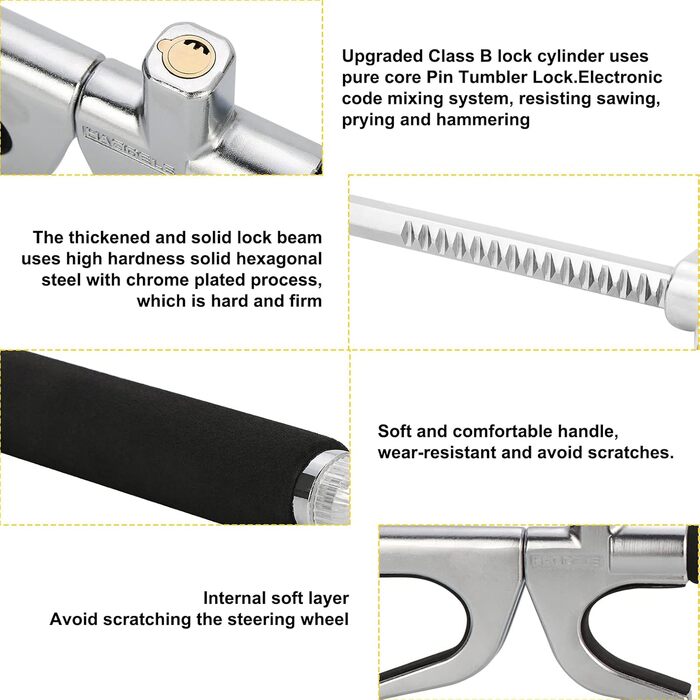Автомобільний замок керма Knpwer, сталевий замок керма, висувний автомобільний протиугінний, з аварійним молотком і 3 ключами, регульований, самооборона