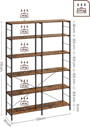 Книжкова полиця VASAGLE, окремостояча полиця з 6 полицями, 30 x 120 x 170 см, промисловий дизайн, для вітальні, кабінету, балкону, кухні, вінтажний коричнево-чорний колір LLS114B01