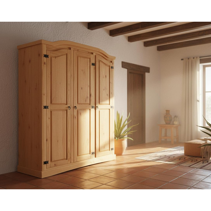 Шафа для спальні Dynamic24 3-дверна шафа New Mexico Ш152xВ193xГ54 см Масив сосни натурального кольору Комод Шафа Багатоцільова шафа Відкрита шафа Коричнева