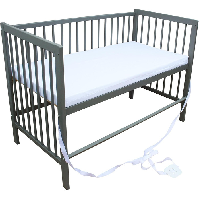 Дитяче ліжко Micoland - Приставне ліжко - Дитяче ліжко 120x60 см, що трансформується, з ремінцем, колесами та матрацом (сіре з матрацом)