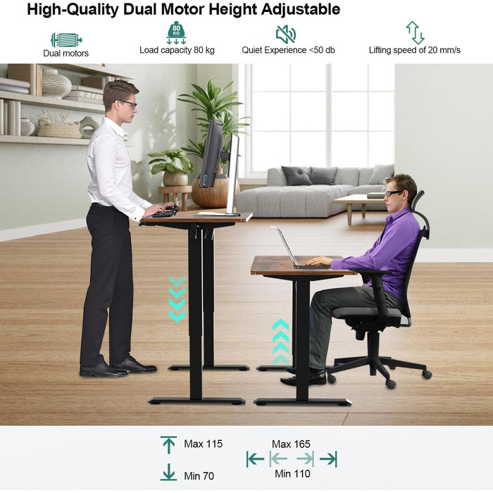 Стіл з регулюванням висоти 140 x 60 x (70-115) см, електричний стіл з регульованою висотою та портом зарядки USB-A/C, функцією пам&39яті, захистом від зіткнень, зрощеною стільницею, вінтажно-коричневий, з портом зарядки USB-A/C, килимками для миші, гачкам