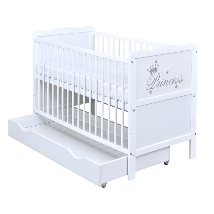 Дитяче ліжечко 60x120, що трансформується в дитяче ліжко, біла принцеса з шухлядою та матрацом, включаючи прорізувачі для зубів