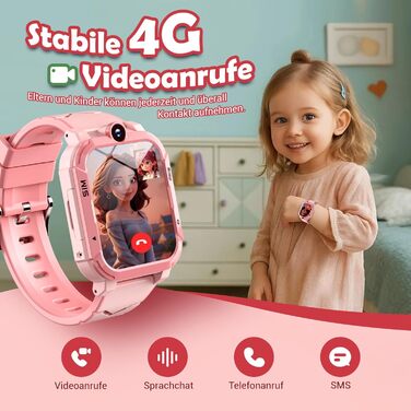 Розумний годинник Blackview Kids, слот для SIM-картки, LBSWiFiGPS-трекер, функція 4G, екстрений виклик SOS, телефонні дзвінки, відеодзвінки, голосовий чат, SMS, шкільний режим, дитячий годинник для дівчаток та хлопчиків, 4G - персиково-рожевий