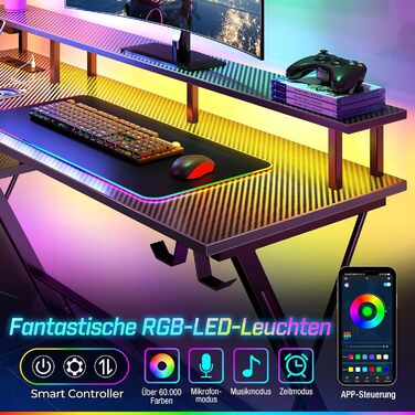 Ігровий стіл SEVEN WARRIOR зі світлодіодним освітленням та розетками, комп&39ютерний стіл 100 см з підставкою для монітора та підставкою для процесора, стіл з 2 гачками та підставкою для ніг, ідеально підходить для спальні або офісу, 100 x 47 x 87 см