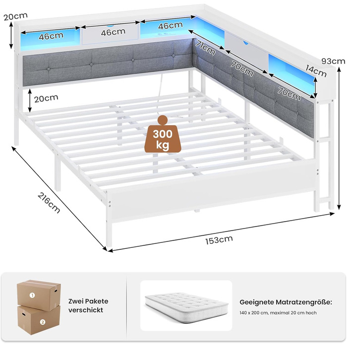 М&39яке ліжко-диван-ліжко 140x200 з 6 відділеннями для зберігання Дитяче ліжко 140x200 зі світлодіодним освітленням Кушетка з розетками Гостьове ліжко Каркас ліжка з металевою рейковою основою, матрац не входить до комплекту (білий) 140x200 см Білий