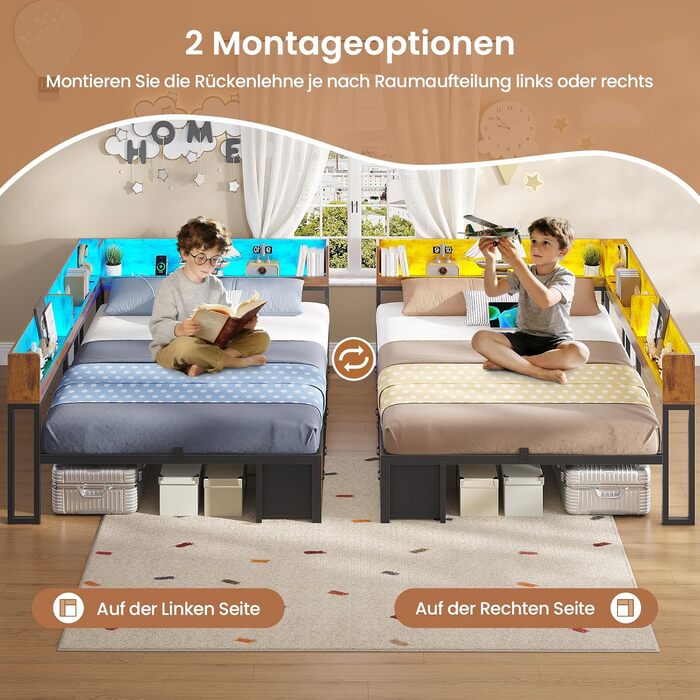 Ліжко 140x200 з місцем для зберігання речей, диван-ліжко з вбудованою книжковою полицею та 6 шухлядами, дитяче ліжко зі світлодіодним освітленням та зарядною станцією, гостьове ліжко, кушетка, каркас ліжка з рейковою основою (вінтажний коричневий, 140x200