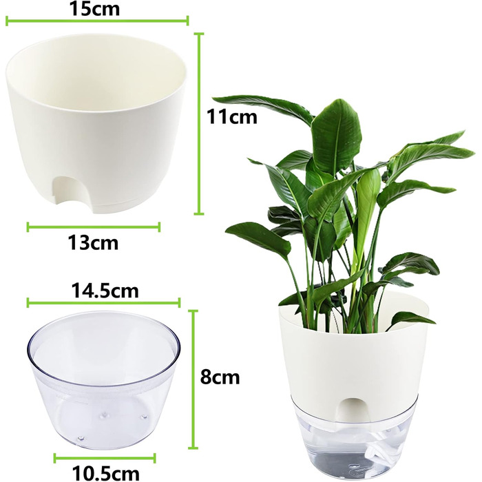 Кашпо для квітів Relota 3 шт. и біле шириною 15,3 см, кашпо для трав пластикове з самополивом і резервуаром для води, кашпо для ку