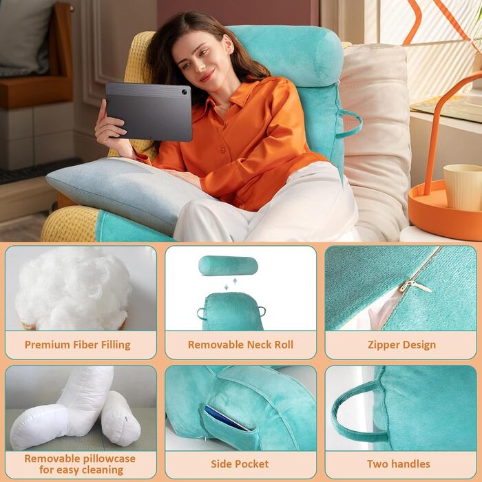 Подушка для читання MINGPINHUIUS XL для ліжка та дивана зі знімним валиком для шиї, ідеальна подушка для спини дорослих з піною з ефектом пам&39яті для комфортного читання, роботи, гри, перегляду телевізора, відпочинку (синя)