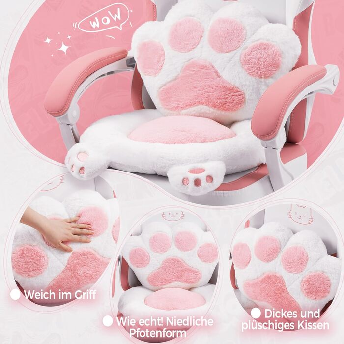 Ергономічне ігрове крісло Dowinx з підставкою для ніг, ігрове крісло з тканини &quotкотяча лапа&quot, дизайн сидіння без крил, регульоване ігрове та комп&39ютерне крісло, рожеве ігрове крісло з котом, для дорослих, червоне