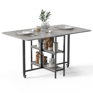 Мобільний розкладний обідній стіл Mondeer, розкладний стіл з 2 відкритими полицями для невеликих приміщень, їдальня, кухня, 140 x 80 x 75 см, сірий