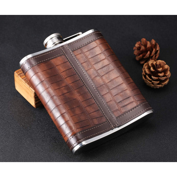 Фляжка з візерунком під крокодилячу шкіру, нержавіюча сталь, 510 мл/18 унцій, велика місткість, для віскі, лікеру, обгорнута штучною шкірою, TANEAXON 18 унцій E. Візерунок під крокодилячу шкіру