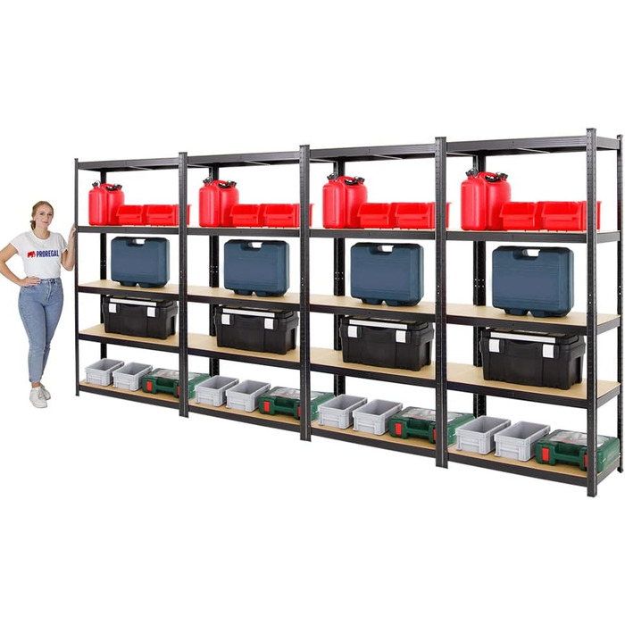 Міцний стелаж Ragnar 180x90x40 см з вантажопідйомністю 175 кг Чорний Гаражні стелажі Підвальні стелажі Майстерні Стелажі для зберігання Безболтовий стелаж 4-елементний - 180x90x40 см Чорний МДФ панелі, 4 шт.