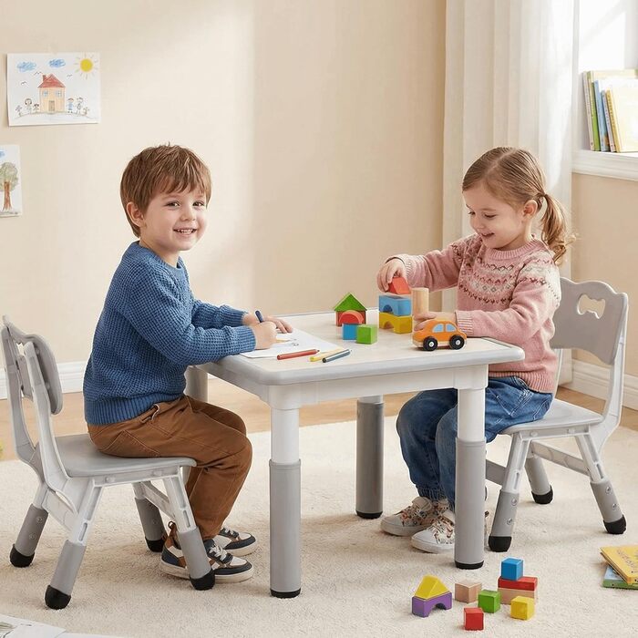 Дитячий стіл Clevich з 2 стільцями, комплект столу та стільців, дитяча група сидінь з регульованою висотою, дитячі меблі для дитячої кімнати, художній стіл та група сидінь - ергономічний, багатофункціональний - сірий