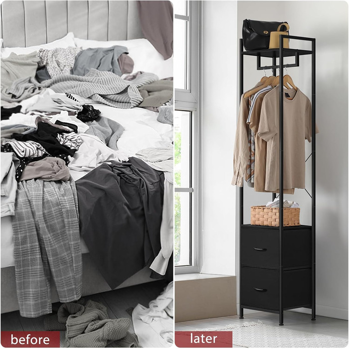 Чорна вішалка для одягу, міцна вішалка для одягу, окремостояча гардеробна стійка з шухлядою, мінімалістична вузька вішалка для одягу для дому, спальні, вітальні