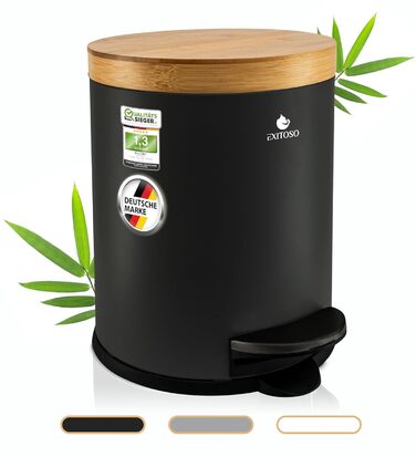 Відро для сміття для ванної Exitoso 5 л чорне - косметичне відро з бамбуковою дерев'яною кришкою та механізмом плавного закриття -