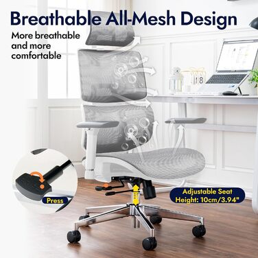 Ергономічне офісне крісло, висока спинка з сітчастого покриття та поперековою опорою, ігрове крісло з регульованими 3D-підлокітниками та підголівником, велике та високе обертове комп&39ютерне крісло, білий колір, 150 кг