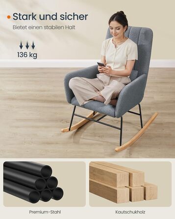 Крісло-гойдалка SONGMICS HOME з підлокітниками, крісло-реклайнер, оббите флісом, сталевий каркас, ніжки з каучукового дерева, вантажопідйомність до 136 кг, для спальні, вітальні, колір Сірий сланцевий LYY500G01 без підставки для ніг, колір Сірий сланцевий