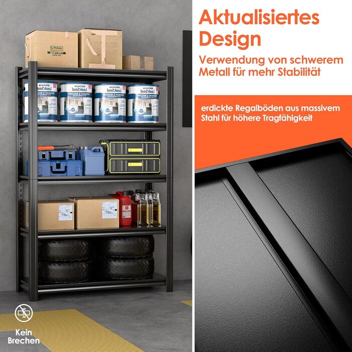 Міцний металевий стелаж 183x90x40 см з 5 регульованими металевими полицями Стелаж для зберігання в підвалі та майстерні Вантажопідйомність до 1000 кг Чорний 183 x 90 x 40 см