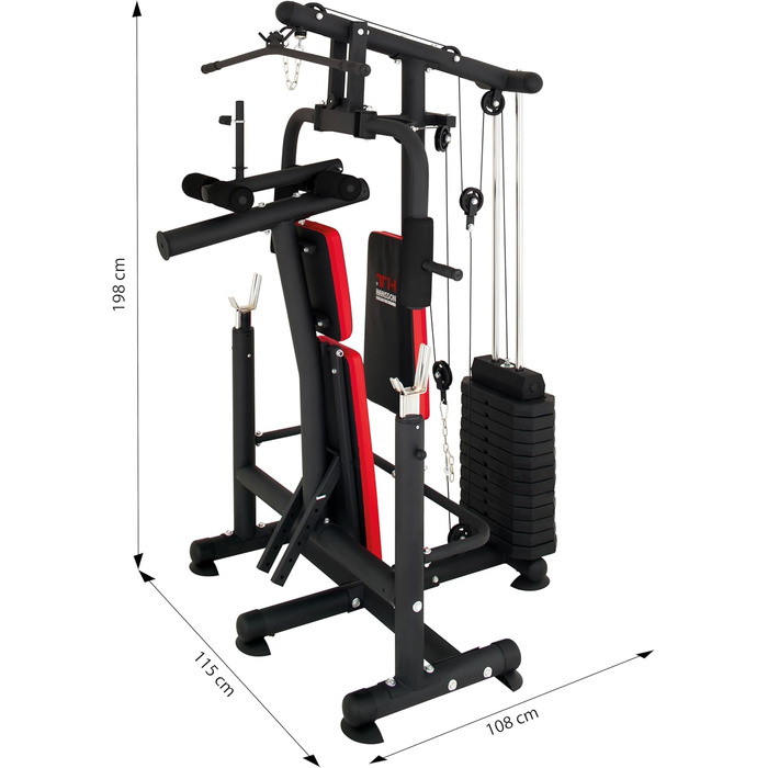 Універсальна силова станція Hansson Sports, багатофункціональна силова лава зі стійкою для штанги, тяга лати, розгинання ніг &quotметелик&quot, згинання ніг, вага 65 кг, складна A Силова лава