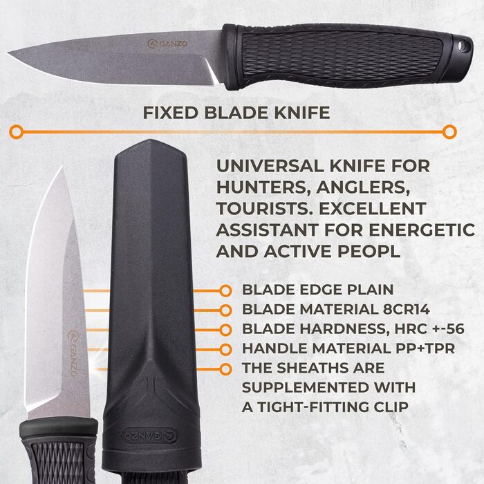 Ніж Ganzo G806-BK з фіксованим лезом, клинок з нержавіючої сталі 8CR14, ергономічна нековзна рукоятка, для кемпінгу, полювання, ри