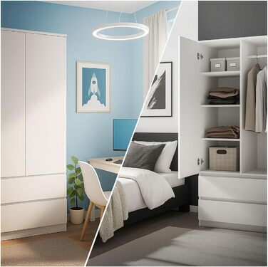 Шафа CDF Біла, ширина 90 см, дитяча кімната, спальня, 2 шухляди, 2-дверна шафа, сучасний вигляд, все для складання, одяг, іграшки