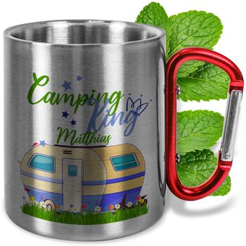 Персоналізована кружка з нержавіючої сталі з карабіном Camping King & Queen приблизно 330 мл металева кружка з іменем подарунок для кемпінгу на природі, чоловікам, жінкам, День батька (король, червона ручка)