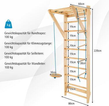 Стіна для скелелазіння COSTWAY, Гімнастична стіна, Гімнастична стіна на відкритому повітрі, Гімнастичне обладнання, Дерев&39яна, Вантажопідйомність 100 кг