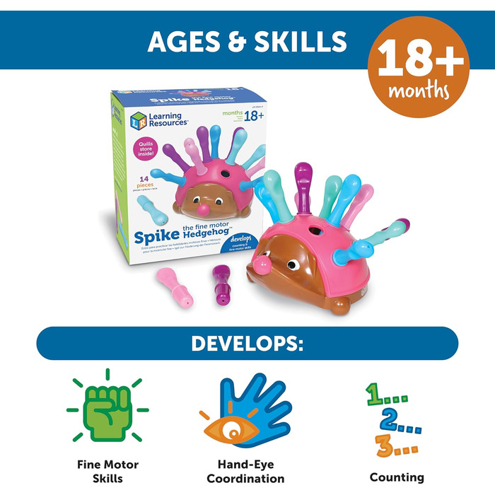 Навчальні ресурси Рожевий їжачок із дрібною моторикою Спайк, 14 упаковок, вік 18 місяців, дрібна моторика та сенсорна іграшка, роз