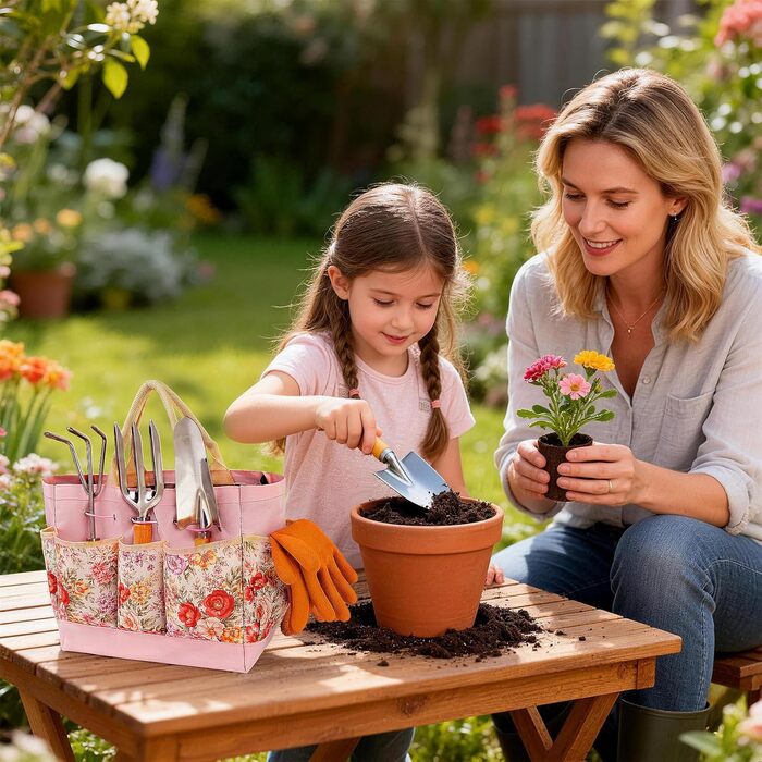 Набір садових інструментів Gartenwerk, 11 предметів, нержавіюча сталь секатор, рукавички, сумка для квітів, розпилювач, килимок для пересадки рослин інструменти для саду в рожевому кольорі