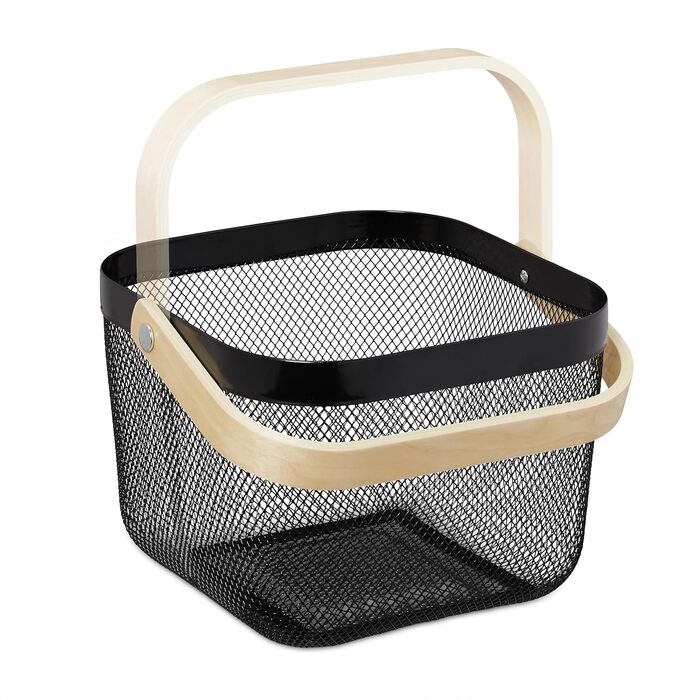 Дротяний кошик Relaxdays з ручкою, комплект з 2 шт. , металевий, бамбук, ВxШxГ 17,5 x 26 x 24,5 см, квадратний кошик для зберігання, чорний