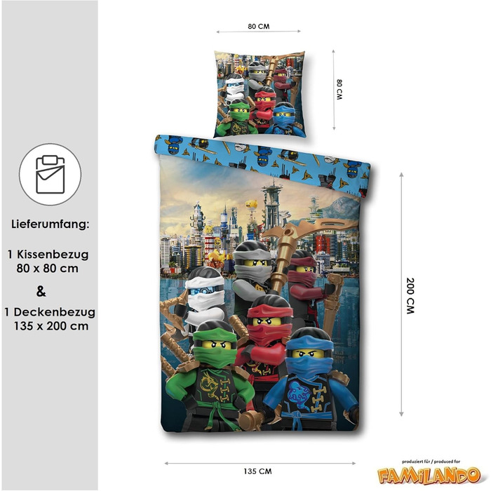 Комплект постільної білизни Character World Lego Ninjago для хлопчиків - дитяча постільна білизна 135x200 80x80 см з 100 бавовни н