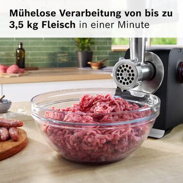 Електрична м'ясорубка Bosch MultiPower Serie 6 MFWS660B, 2100 Вт, нержавіюча сталь, 3 диски (3, 4.5, 8 мм), насадки для ковбас, кеббе та тертя, соковижималка, чорна