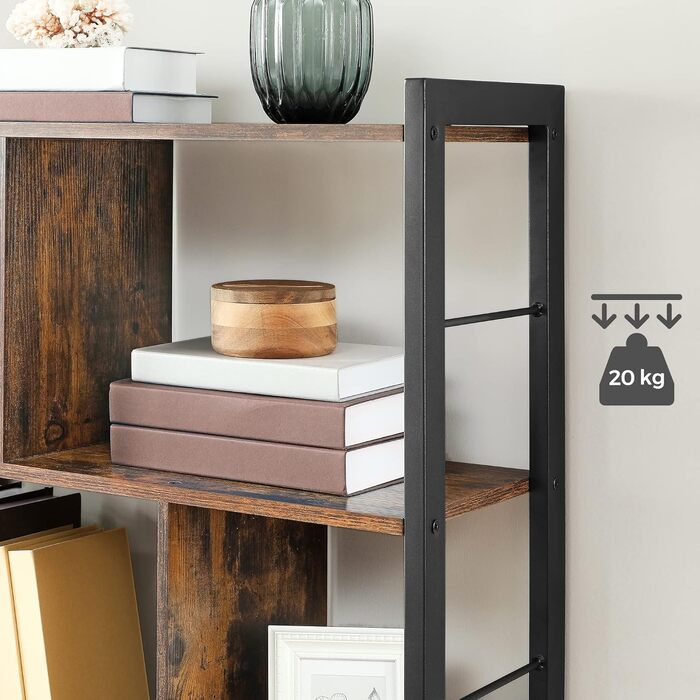 Полиця, книжкова шафа, офісна полиця з 5 ярусами, окремостояча полиця, полиця для зберігання, велика, металевий каркас, вінтажний коричнево-чорний LBC12BX Вінтажний коричнево-чорний