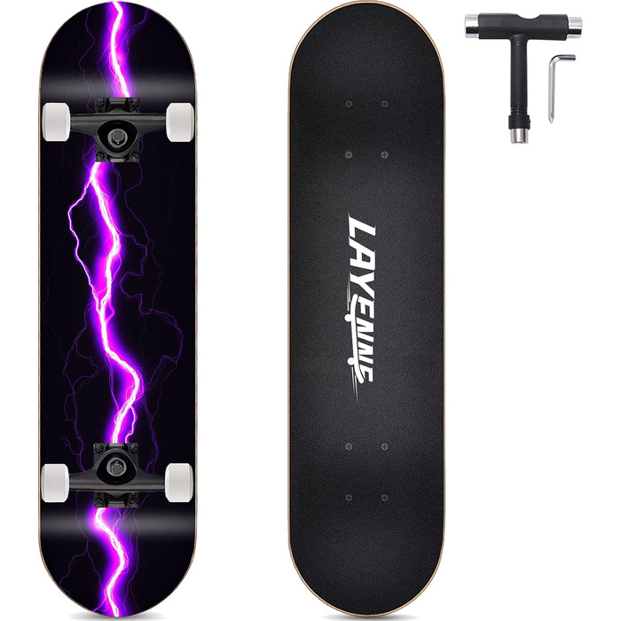 Скейтборд Blitz 31 x 8 дюймів - 8-шарова кленова дека, симетрично скошена з обох кінців, ABEC-11 підшипники, 95A PU колеса, для хлопчиків, дівчаток, підлітків, вуличних скейтбордистів, дорослих, початківців, надзвичайно широкий, фіолетовий блискавка дизай