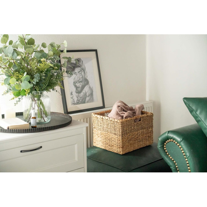 Плетений кошик для зберігання з водяного гіацинта та морської трави, прямокутний - квадратний кошик з полицями - Kallax/Expedit - Д 34 см, , натуральний