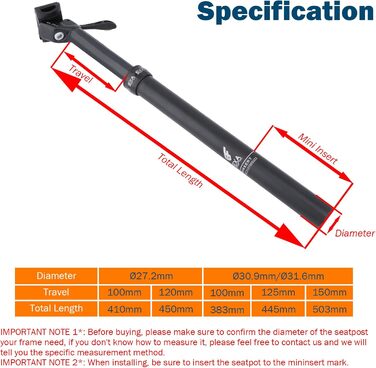 Підсідельний штир EXA Form Hydraulic Dropper, 27.2 мм/30.9 мм/31.6 мм, бездротовий, 100 мм/120 мм/125 мм/150 мм, хід підсідельного керма для гірських/електричних/шосейних велосипедів, діаметр 30.9 мм, довжина 503 мм x хід 150 мм