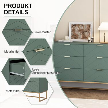 Комод UEV з 6 шухлядами, дерев&39яна шафа з механізмом проти перекидання та металевими ніжками, висока тумба/сервант, вузька комод/бічна шафа для вітальні, спальні, коридору, 100x34x73,5 см, зелений, 34 Г x 100 Ш x 73,5 В см (6 шухляд)