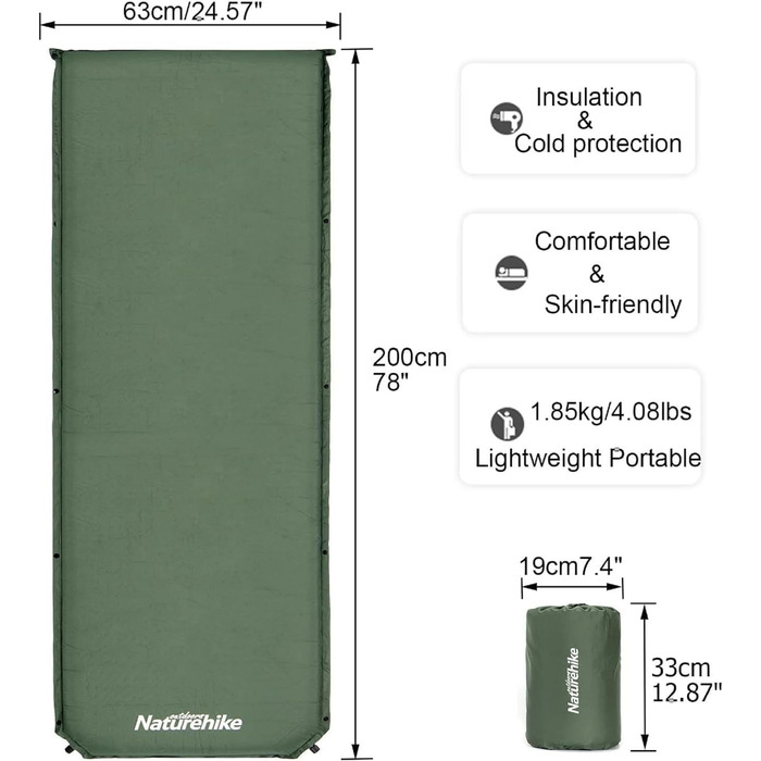 Самонадувальні килимки для сну Naturehike - міцний кемпінговий матрац товщиною 5 см, який можна з&39єднувати з кількома легкими спальними килимками для наметів, гамаків, походів, сімейного кемпінгу R-значення 4.8 Зелений