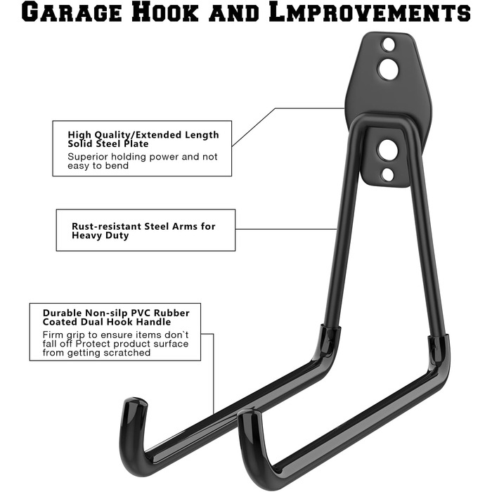 Набір з 12 настінних гачків для гаража Надміцні подвійні гачки Компактне сховище для інструментів, велосипедів, спортивного інвентарю (Black)