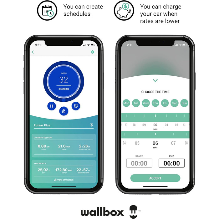 Зарядний пристрій Wallbox Pulsar Plus для електромобілів. З регульованою потужністю до 22 кВт. Зарядний кабель типу 2, підключення