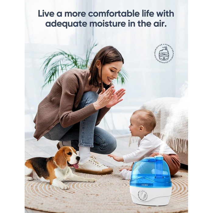 Зволожувач повітря, Зволожувач повітря для спальні 2,2 л з насадкою, що обертається на 360, Тихий на 28 дБ, Автоматичне вимкнення