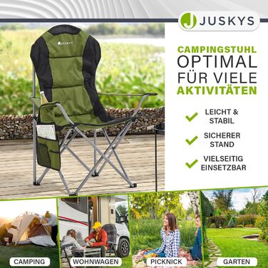 Складаний кемпінговий стілець Juskys Lido з тримачем для напоїв, бічною кишенею та сумкою для перенесення - М&39який складний кемпінговий стілець з підлокітниками та спинкою - 4 кольори зеленого кольору